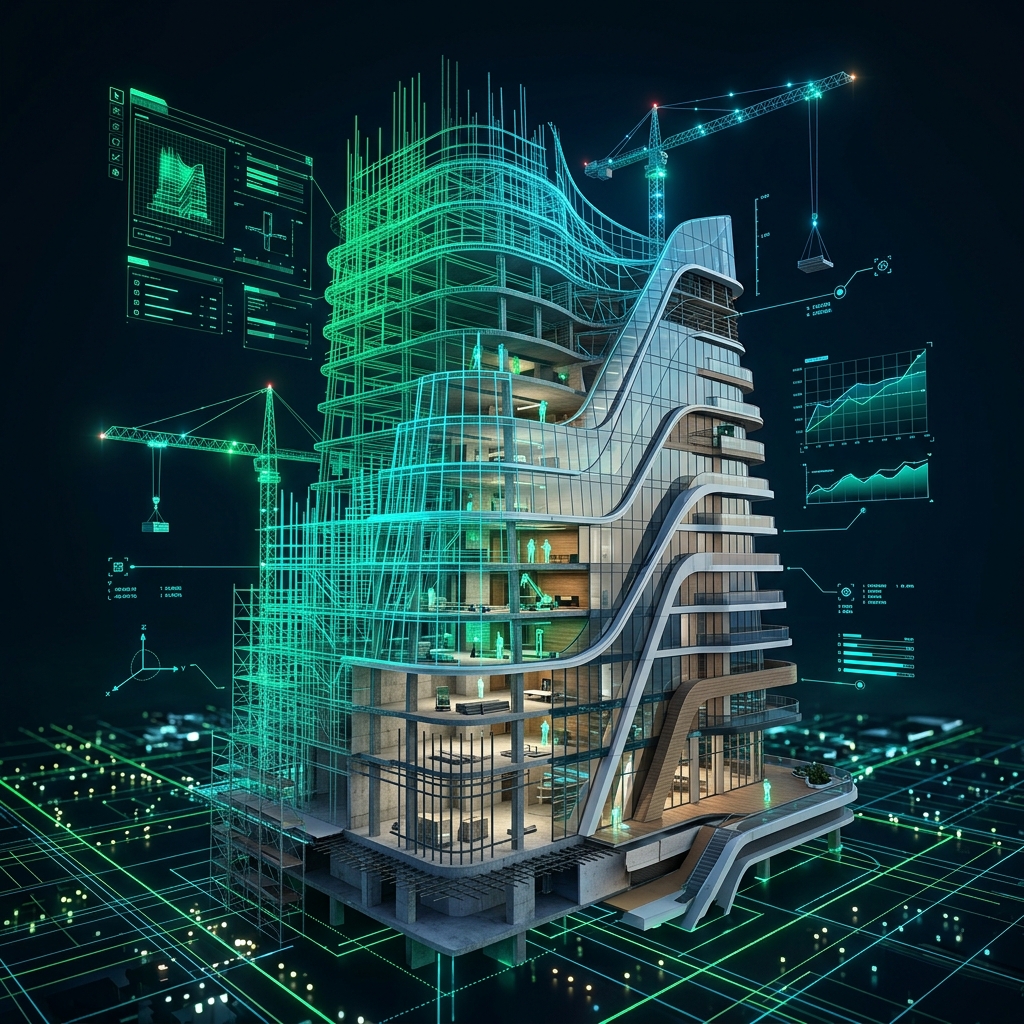 3D digital twin architectural building with wireframe to photorealistic rendering