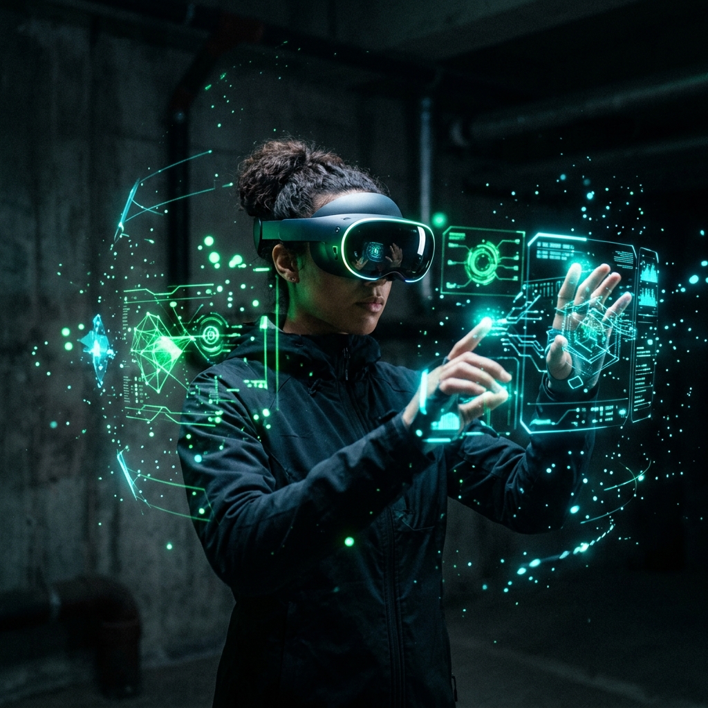 Person using AR VR headset interacting with holographic spatial computing interfaces