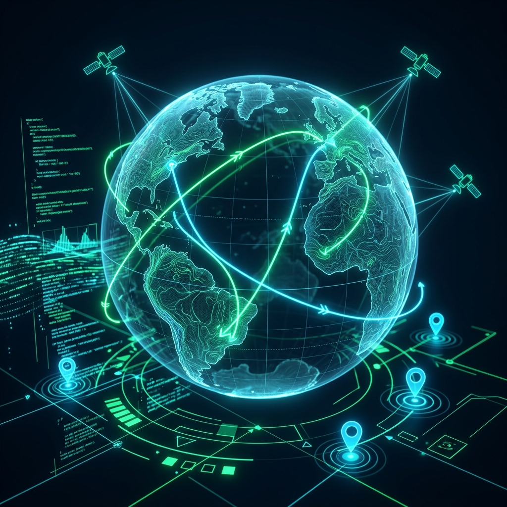 Futuristic GPS navigation with holographic globe and satellite routing