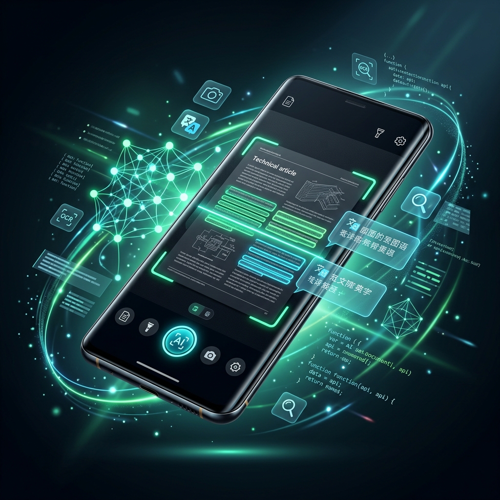 CameraLens AI scanner app on Android smartphone with OCR and translation